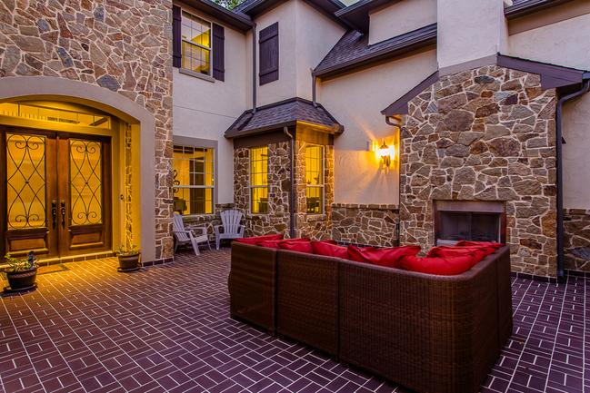 scenic stone courtyard with fireplace